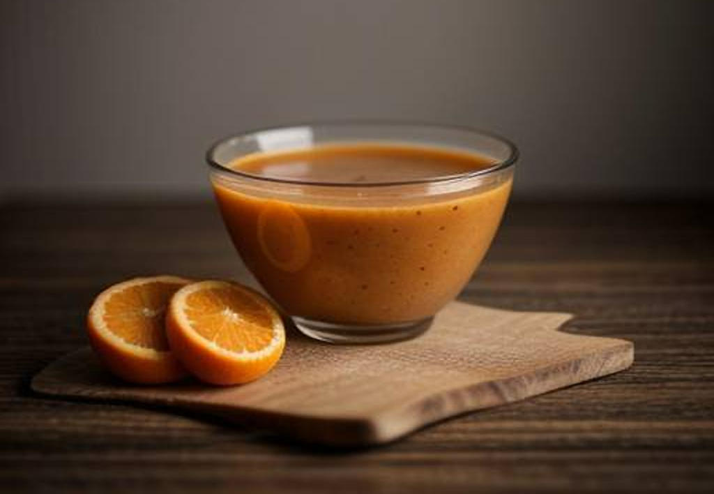 a small bowl of orange marinade with slices of orange alongside