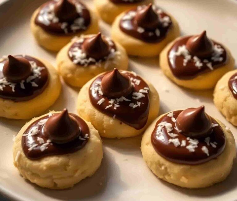 Close-up of a plate with cookies topped with glossy chocolate, a chocolate kiss, and sprinkles of shredded coconut