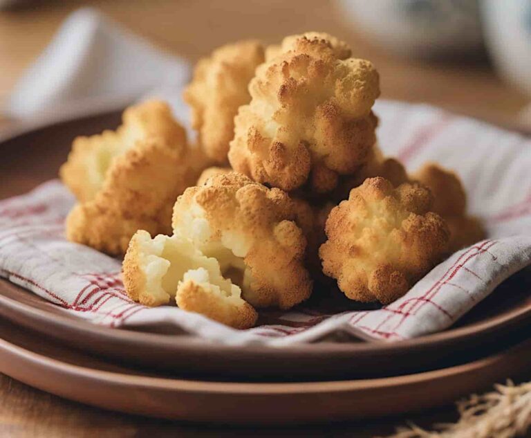 Golden-brown crumbed cauliflower florets on a cloth-lined wooden plate. The scene is warm and inviting, with a rustic, cozy ambiance.