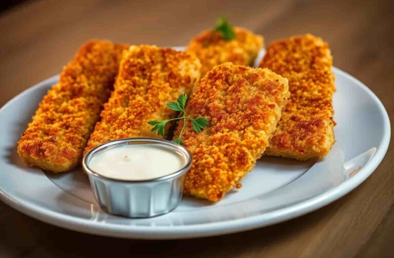 Golden-brown, crispy fish sticks arranged on a white plate with a sprig of parsley. A silver cup of creamy dipping sauce sits alongside them.