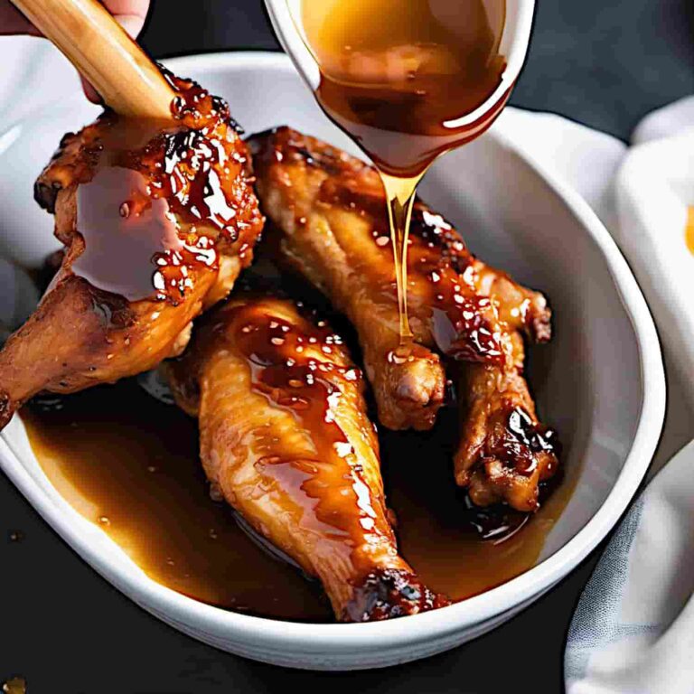 Juicy chicken drumsticks in a white dish are glazed with a rich, glossy sauce being poured from a jar, conveying a savory and appetizing feel.