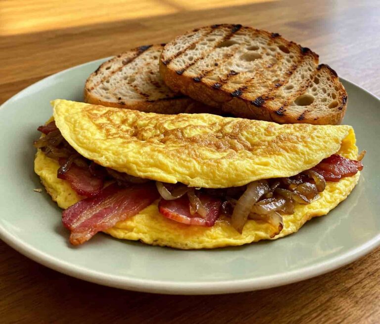 Golden omelette filled with savory bacon and caramelized onions on a green plate, accompanied by two slices of toasted sourdough bread. Warm, inviting breakfast scene.