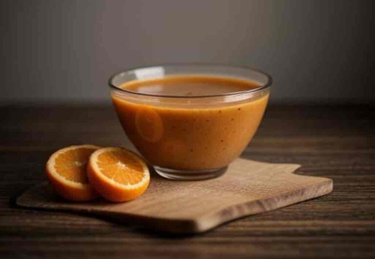 A glass bowl of glazed orange marinade resting on a wooden chopping board on a table, with two slices of orange alongside the bowl.