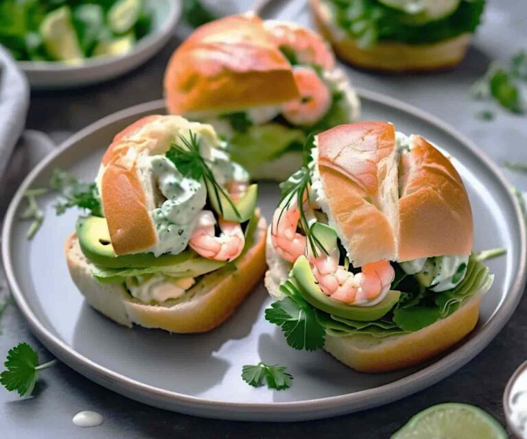 A plate of prawn rolls containing avocado, lettuce, and creamy dressing, garnished with fresh herbs.