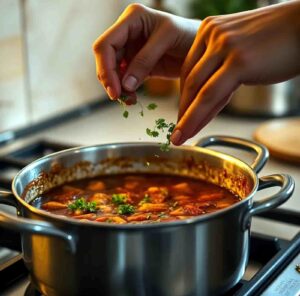 Hands sprinkle fresh herbs into a simmering pot of stew on a stove. The scene conveys warmth and home-cooked comfort, with vivid colors.