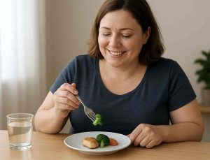 A woman in a blue shirt smiles while eating a meal. She holds a fork with broccoli over a plate containing chicken, carrots, and more broccoli. A glass of water is on the table. The mood is cheerful and healthy.
