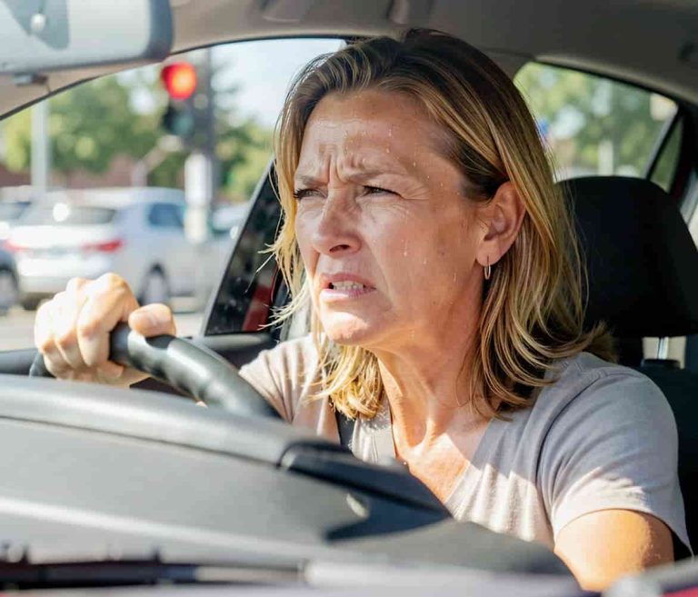 A woman in the drivers seat of a car is sweating from a hot flush while expressing irritation at the traffic.